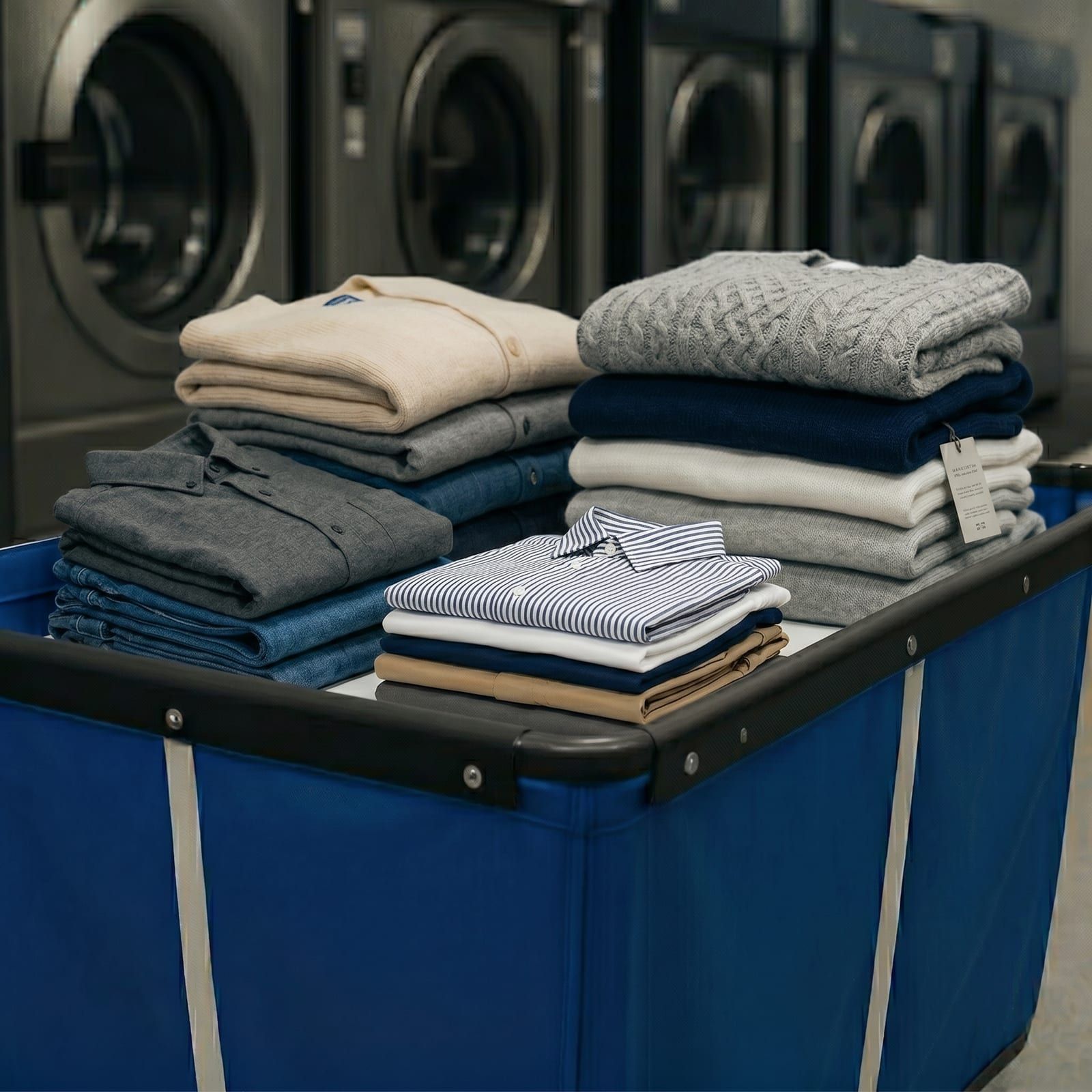 Stacks of neatly folded laundry in a YoWash cart